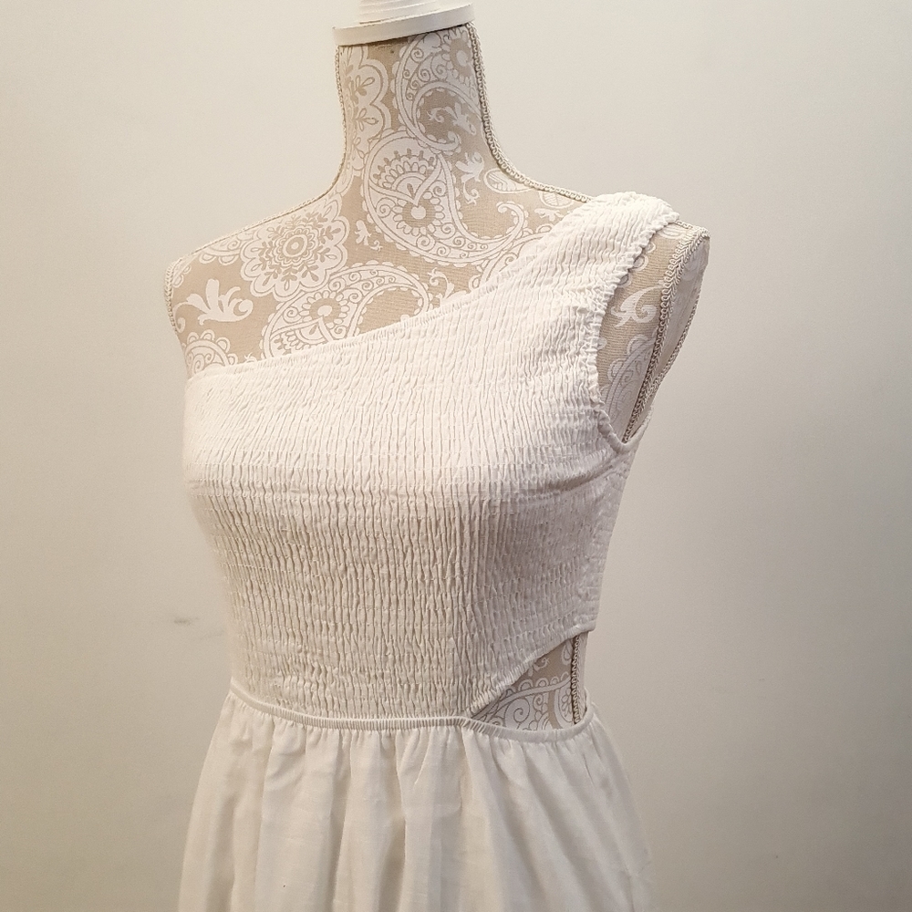 One Shoulder Smocked Cutout Waist Sundress Flowy A-Line Dress White Women Size S - Picture 8 of 17